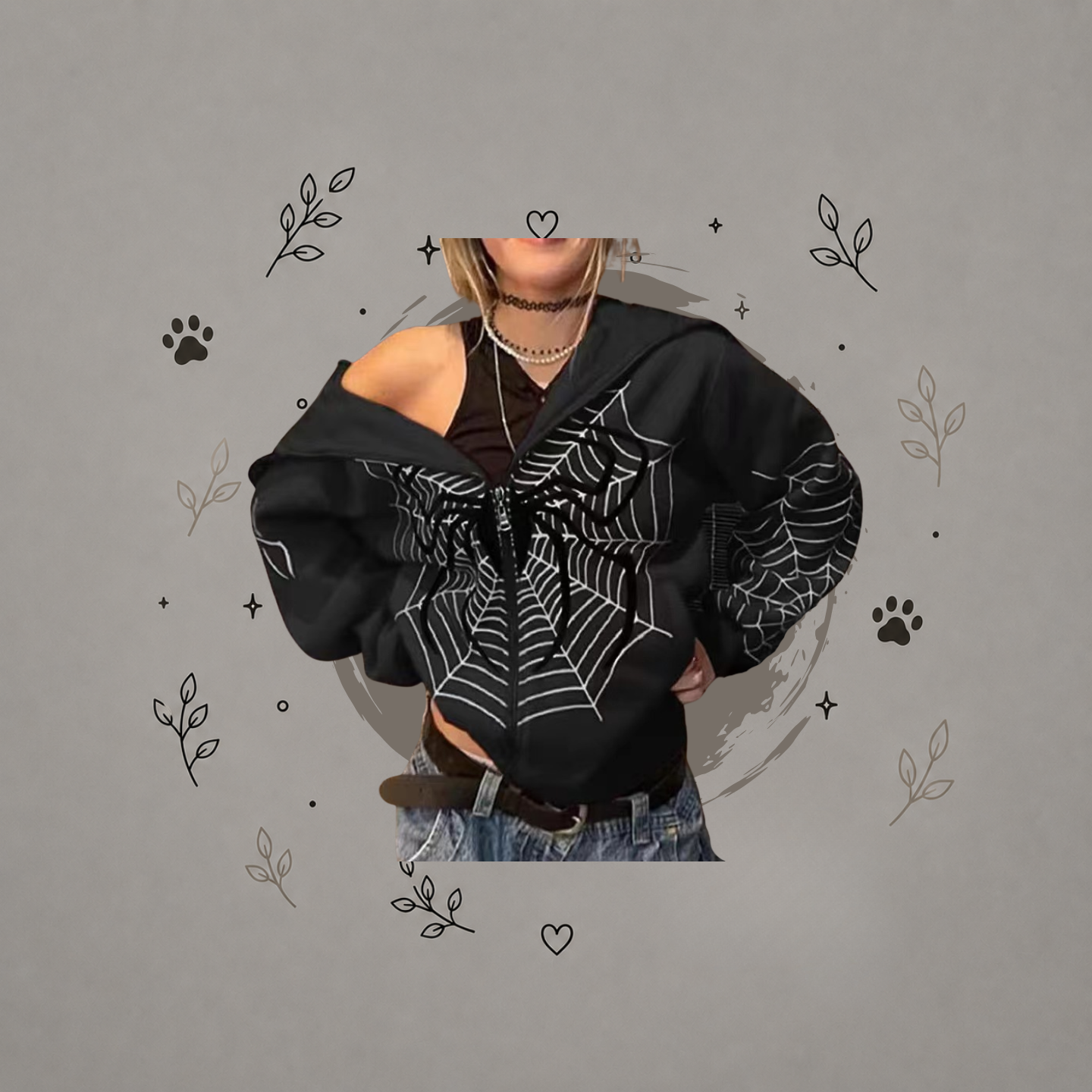 Sudadera con Gorro y Cierre Completo con Estampado de Telaraña