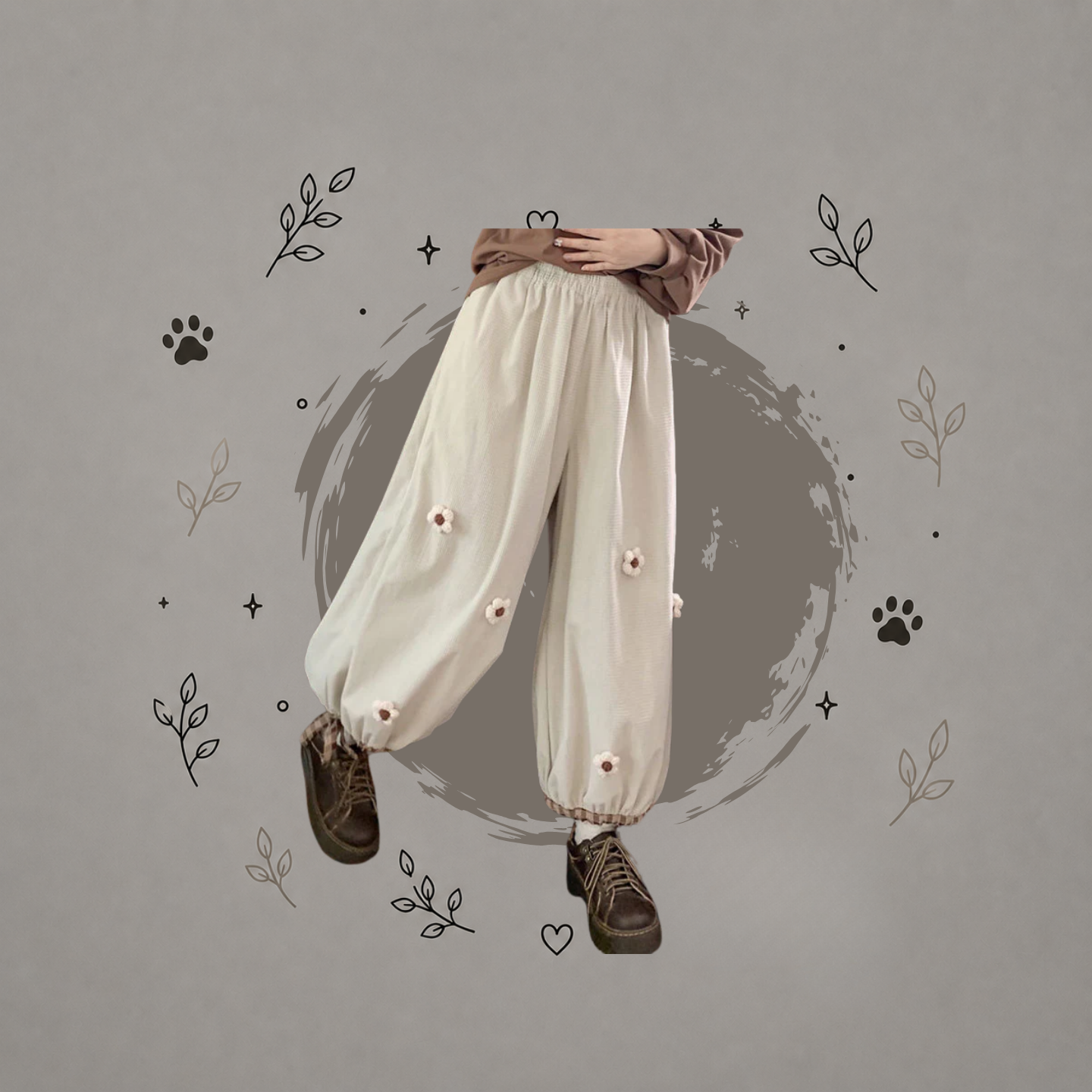 Pantalones de pierna ancha estilo japonés vintage con estampado de flores dulces