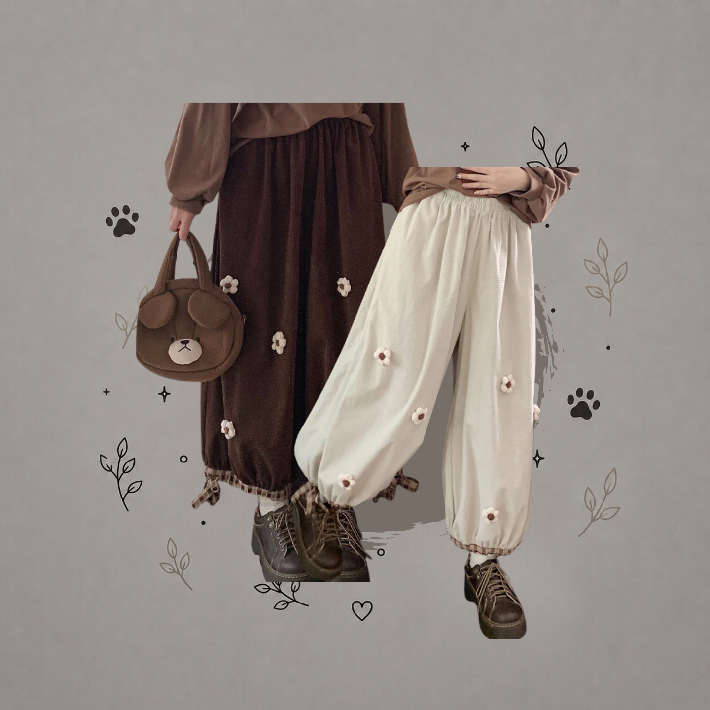 Pantalones de pierna ancha estilo japonés vintage con estampado de flores dulces